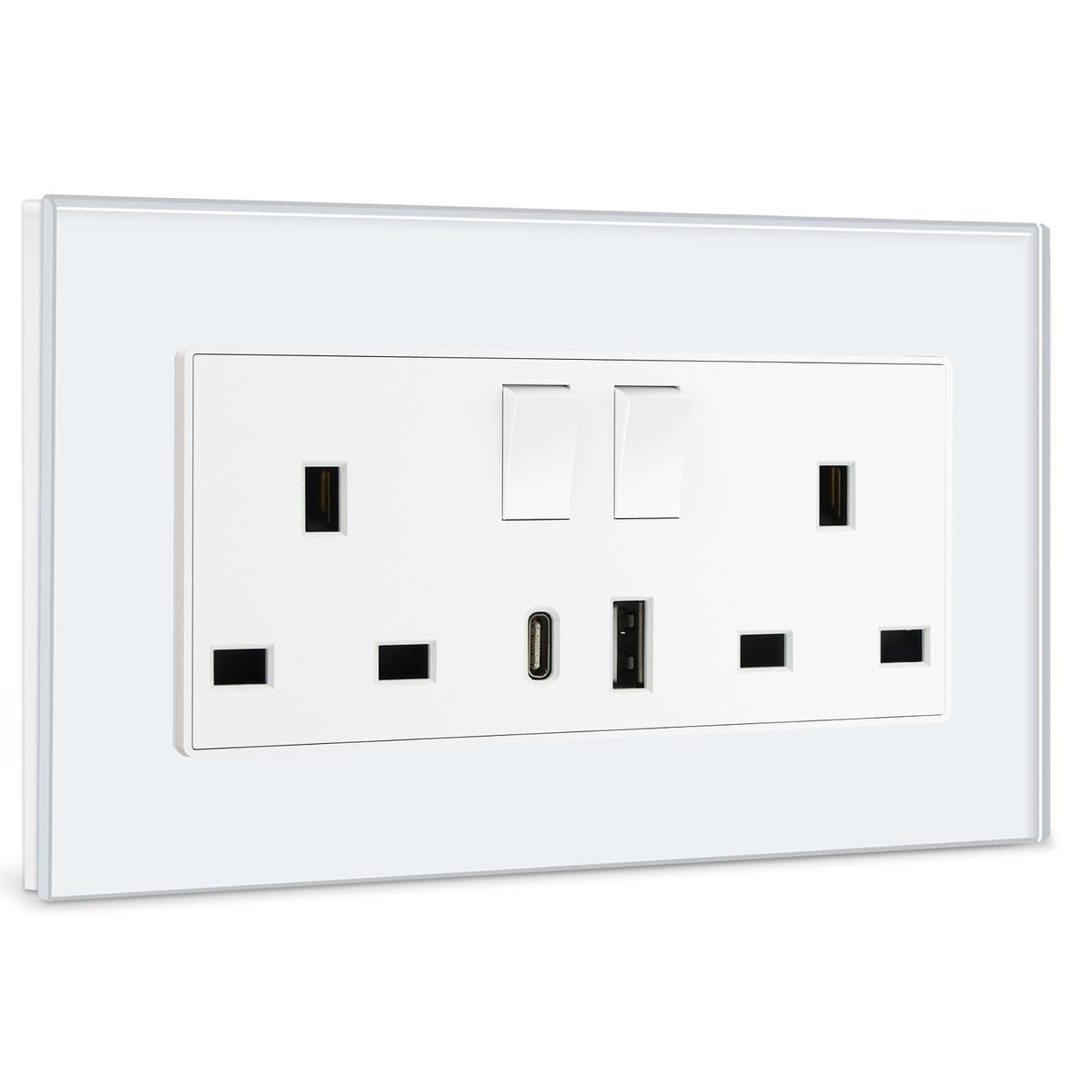 BSEED Double Switched Wall Socket 2 Gang Black with USB C & USB A Charging Ports, 13A Wall Electric Power Socket with Glass Panel