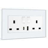 BSEED Double Switched Wall Socket 2 Gang Black with USB C & USB A Charging Ports, 13A Wall Electric Power Socket with Glass Panel