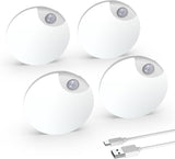 Motion Sensor Night Light, USB Rechargeable Human Body Induction Night Lights Stick-On Closet Light for Wall, Stairs, Hallway, Cabinet (4 Pack, White)
