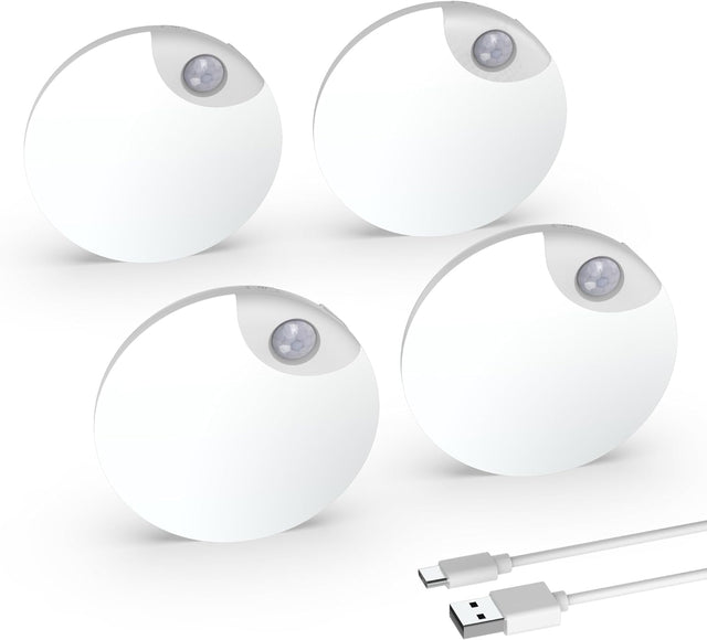 Motion Sensor Night Light, USB Rechargeable Human Body Induction Night Lights Stick-On Closet Light for Wall, Stairs, Hallway, Cabinet (4 Pack, White)