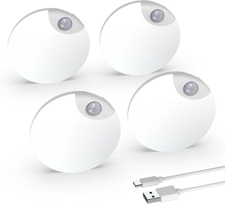 Motion Sensor Night Light, USB Rechargeable Human Body Induction Night Lights Stick-On Closet Light for Wall, Stairs, Hallway, Cabinet (4 Pack, White)