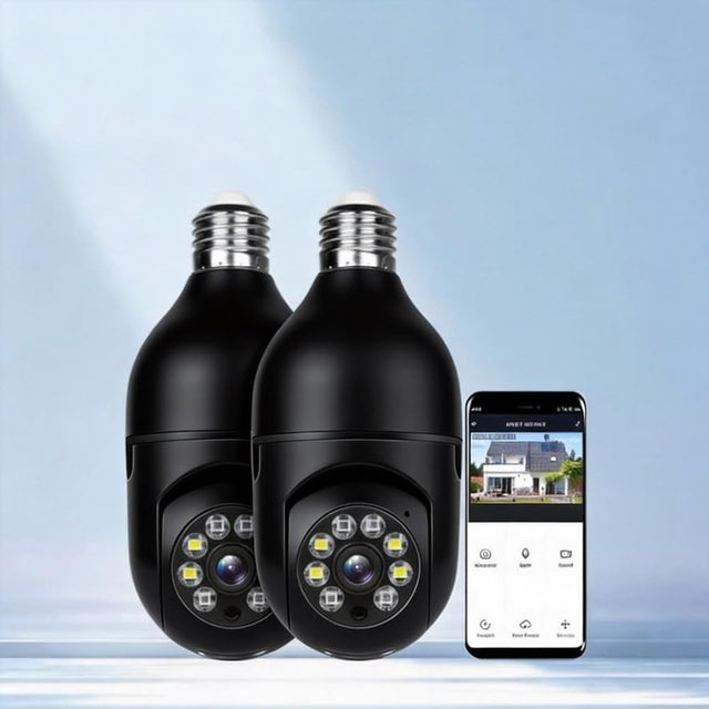2 Pack Bulb WiFi Camera, Wireless Panoramic HD Indoor Camera, Socket Mount Security Cam, TF Card Not Included, Black