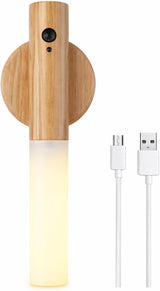 Motion Sensor Night Light, USB Rechargeable Smart LED Light with Human Body Sensor, Magnetic Stick-On Night Lamp for Bedroom, Hallway, Stairway, Wardrobe (Ash Wood)