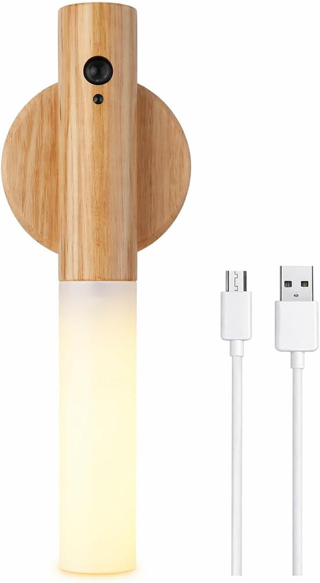Motion Sensor Night Light, USB Rechargeable Smart LED Light with Human Body Sensor, Magnetic Stick-On Night Lamp for Bedroom, Hallway, Stairway, Wardrobe (Ash Wood)