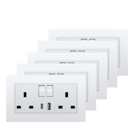 BSEED Double Switched Wall Socket 2 Gang Black with USB C & USB A Charging Ports, 13A Wall Electric Power Socket with Glass Panel