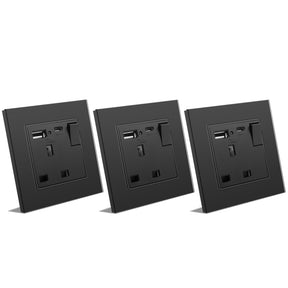 BSEED Double Switched Wall Socket 2 Gang Black with USB C & USB A Charging Ports, 13A Wall Electric Power Socket with Glass Panel