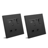 BSEED Double Switched Wall Socket 2 Gang Black with USB C & USB A Charging Ports, 13A Wall Electric Power Socket with Glass Panel