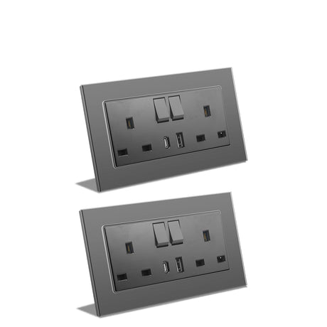 BSEED Double Switched Wall Socket 2 Gang Black with USB C & USB A Charging Ports, 13A Wall Electric Power Socket with Glass Panel
