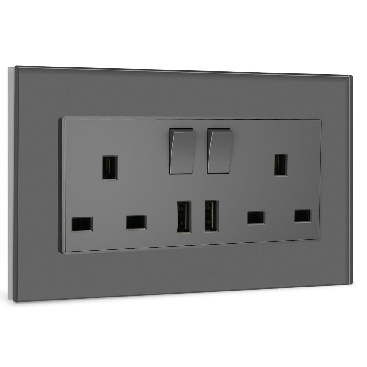 BSEED Double Switched Wall Socket 2 Gang Black with USB C & USB A Charging Ports, 13A Wall Electric Power Socket with Glass Panel