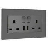 BSEED Double Switched Wall Socket 2 Gang Black with USB C & USB A Charging Ports, 13A Wall Electric Power Socket with Glass Panel