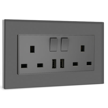BSEED Double Switched Wall Socket 2 Gang Black with USB C & USB A Charging Ports, 13A Wall Electric Power Socket with Glass Panel