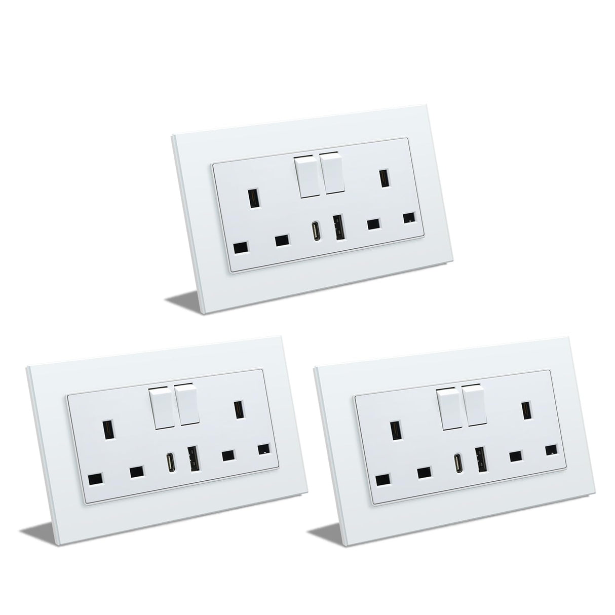 BSEED Double Switched Wall Socket 2 Gang Black with USB C & USB A Charging Ports, 13A Wall Electric Power Socket with Glass Panel