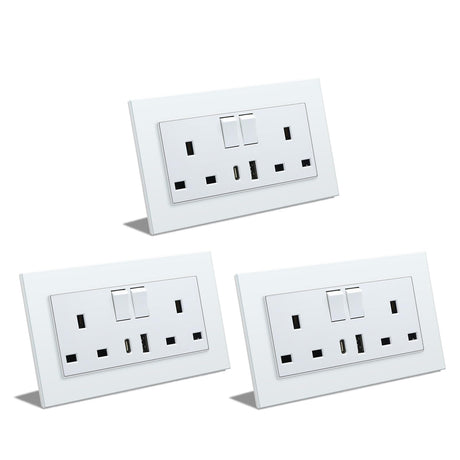 BSEED Double Switched Wall Socket 2 Gang Black with USB C & USB A Charging Ports, 13A Wall Electric Power Socket with Glass Panel