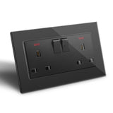 BSEED Double Switched Wall Socket 2 Gang Black with USB C & USB A Charging Ports, 13A Wall Electric Power Socket with Glass Panel