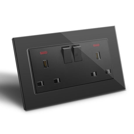 BSEED Double Switched Wall Socket 2 Gang Black with USB C & USB A Charging Ports, 13A Wall Electric Power Socket with Glass Panel