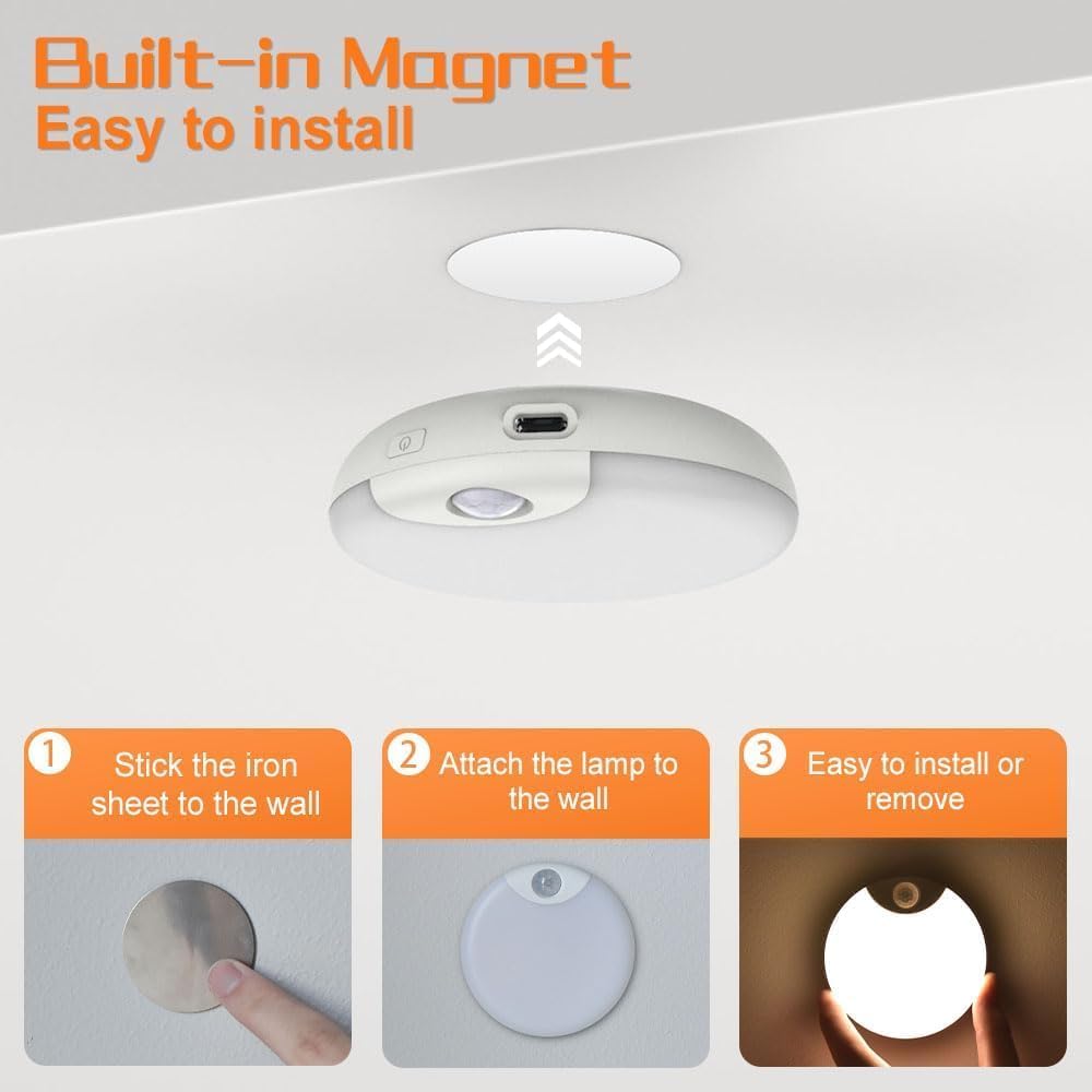 Motion Sensor Night Light, USB Rechargeable Human Body Induction Night Lights Stick-On Closet Light for Wall, Stairs, Hallway, Cabinet (4 Pack, White)