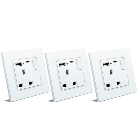 BSEED Double Switched Wall Socket 2 Gang Black with USB C & USB A Charging Ports, 13A Wall Electric Power Socket with Glass Panel