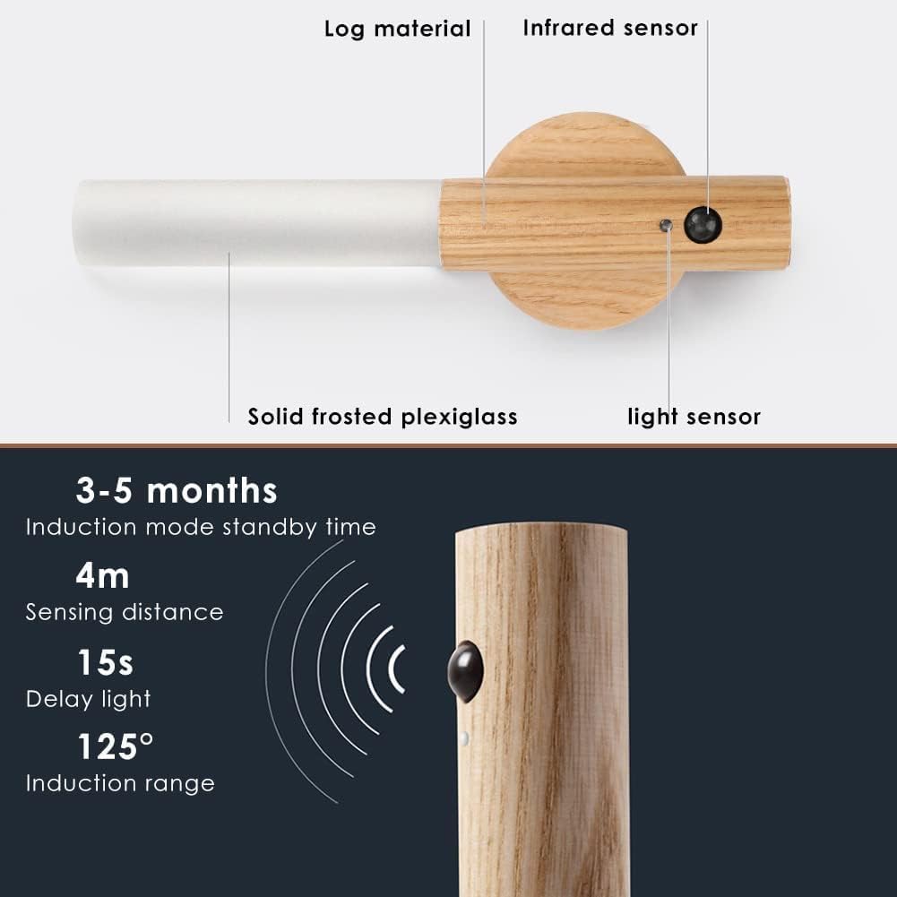 Motion Sensor Night Light, USB Rechargeable Smart LED Light with Human Body Sensor, Magnetic Stick-On Night Lamp for Bedroom, Hallway, Stairway, Wardrobe (Ash Wood)