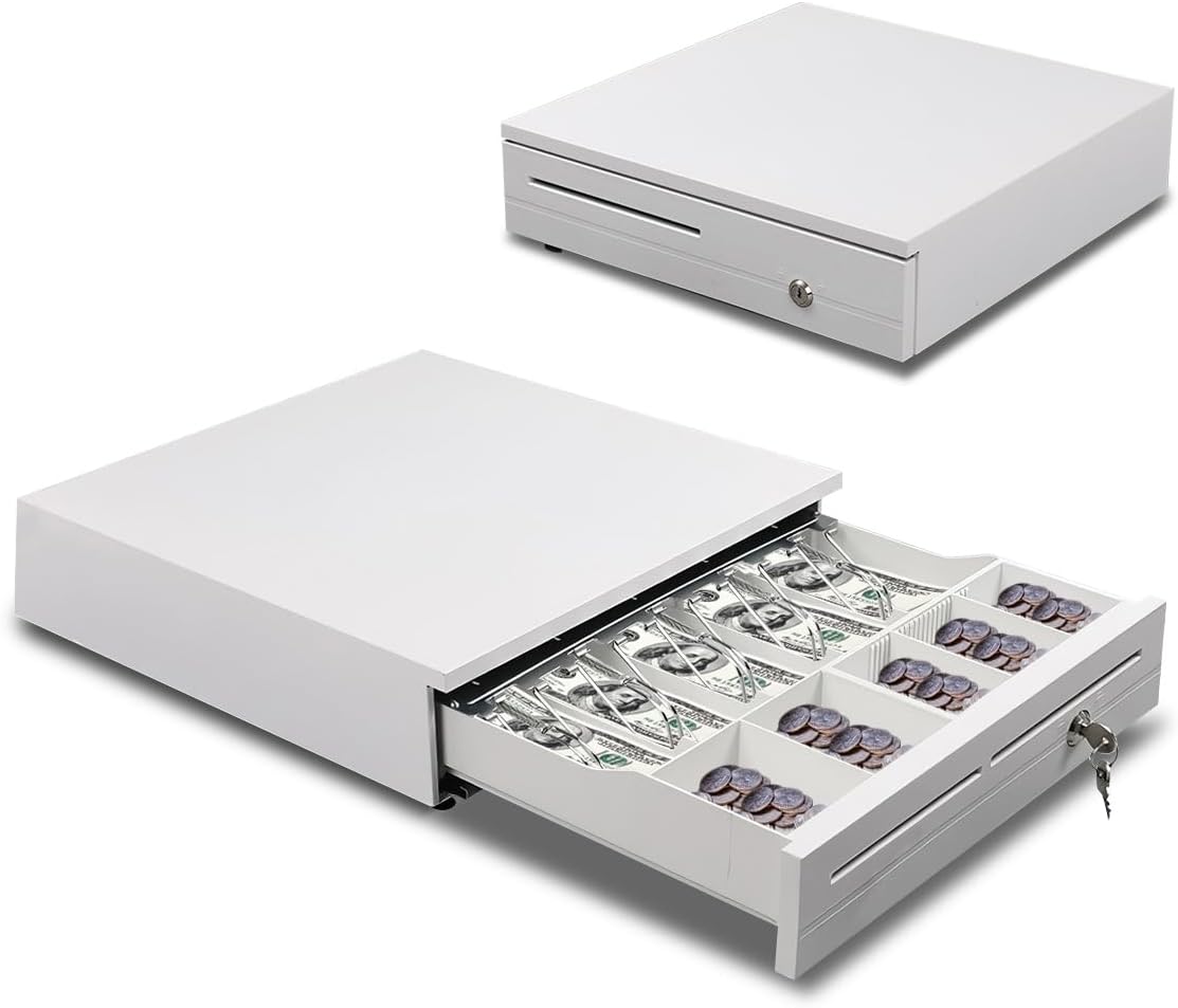 Cash Register Drawer 5 Grids, Cash POS Drawer with Micro Switch Auto Open Secure Money Cash Stand Removable 5 Bill 5 Coin Tray RJ11 Printer 3 Key-Locks for Business Shop Market 40x42x10cm