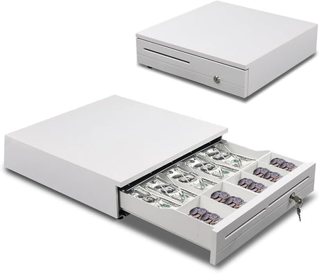Cash Register Drawer 5 Grids, Cash POS Drawer with Micro Switch Auto Open Secure Money Cash Stand Removable 5 Bill 5 Coin Tray RJ11 Printer 3 Key-Locks for Business Shop Market 40x42x10cm
