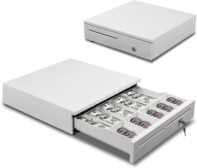 Cash Register Drawer 5 Grids, Cash POS Drawer with Micro Switch Auto Open Secure Money Cash Stand Removable 5 Bill 5 Coin Tray RJ11 Printer 3 Key-Locks for Business Shop Market 40x42x10cm