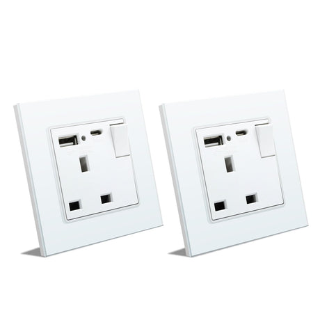 BSEED Double Switched Wall Socket 2 Gang Black with USB C & USB A Charging Ports, 13A Wall Electric Power Socket with Glass Panel