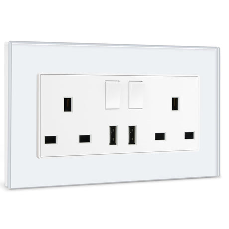 BSEED Double Switched Wall Socket 2 Gang Black with USB C & USB A Charging Ports, 13A Wall Electric Power Socket with Glass Panel
