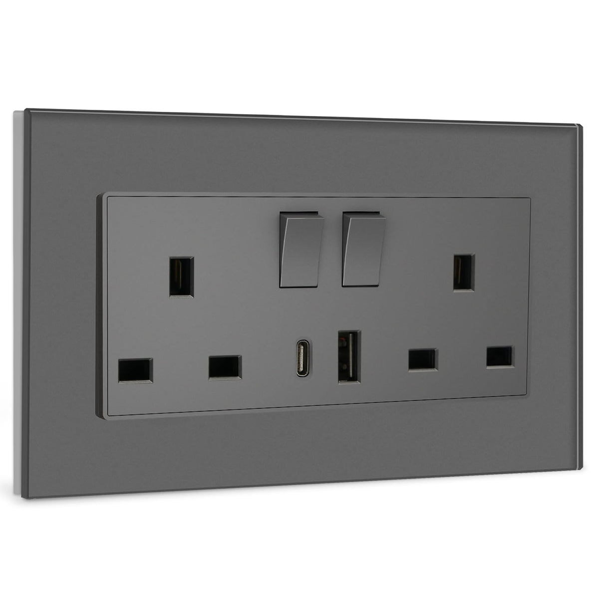 BSEED Double Switched Wall Socket 2 Gang Black with USB C & USB A Charging Ports, 13A Wall Electric Power Socket with Glass Panel