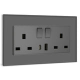 BSEED Double Switched Wall Socket 2 Gang Black with USB C & USB A Charging Ports, 13A Wall Electric Power Socket with Glass Panel