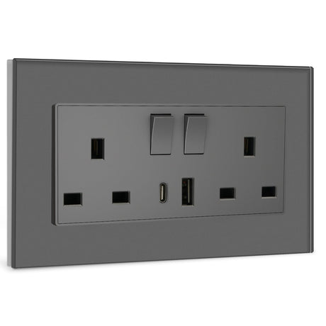 BSEED Double Switched Wall Socket 2 Gang Black with USB C & USB A Charging Ports, 13A Wall Electric Power Socket with Glass Panel