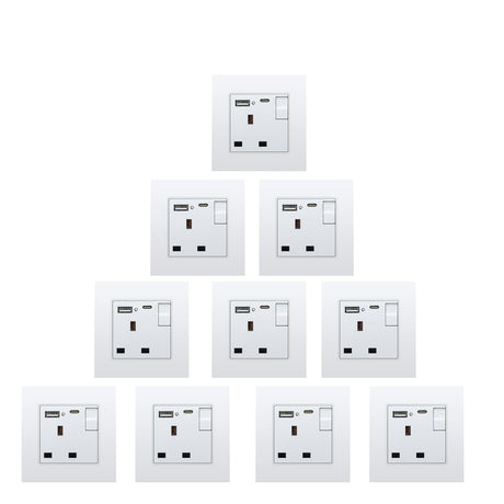 BSEED Double Switched Wall Socket 2 Gang Black with USB C & USB A Charging Ports, 13A Wall Electric Power Socket with Glass Panel