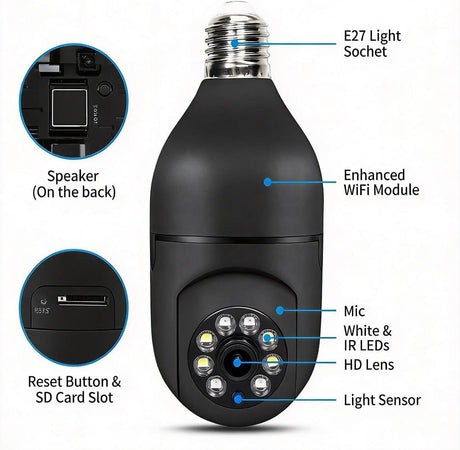 2 Pack Bulb WiFi Camera, Wireless Panoramic HD Indoor Camera, Socket Mount Security Cam, TF Card Not Included, Black