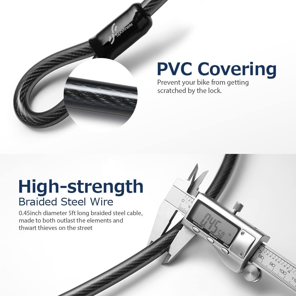 Sportneer Bike Lock Set Heavy Duty U Lock with 5 Ft Security Steel Cable for Road Mountain Bike