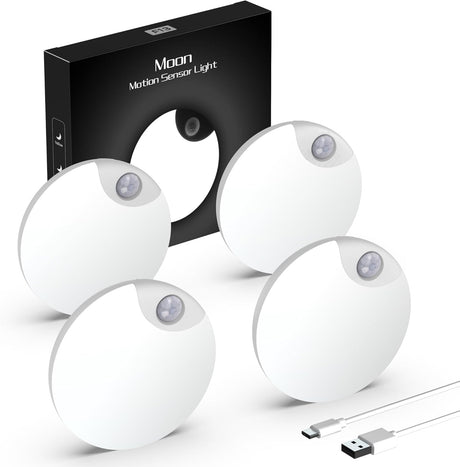 Motion Sensor Night Light, USB Rechargeable Human Body Induction Night Lights Stick-On Closet Light for Wall, Stairs, Hallway, Cabinet (4 Pack, White)