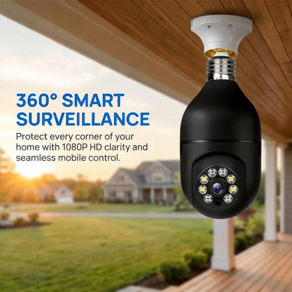 2 Pack Bulb WiFi Camera, Wireless Panoramic HD Indoor Camera, Socket Mount Security Cam, TF Card Not Included, Black