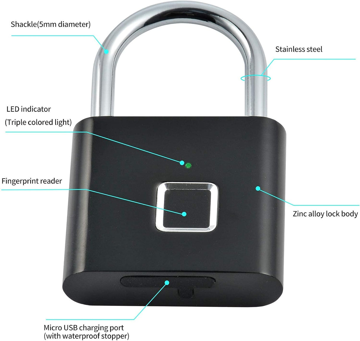 Fingerprint Padlock, Locker Lock, Smart Pad Lock Waterproof Small Portable Padlock with USB Charging for Locker, Luggage, Gym, Suitcas, School, Bike
