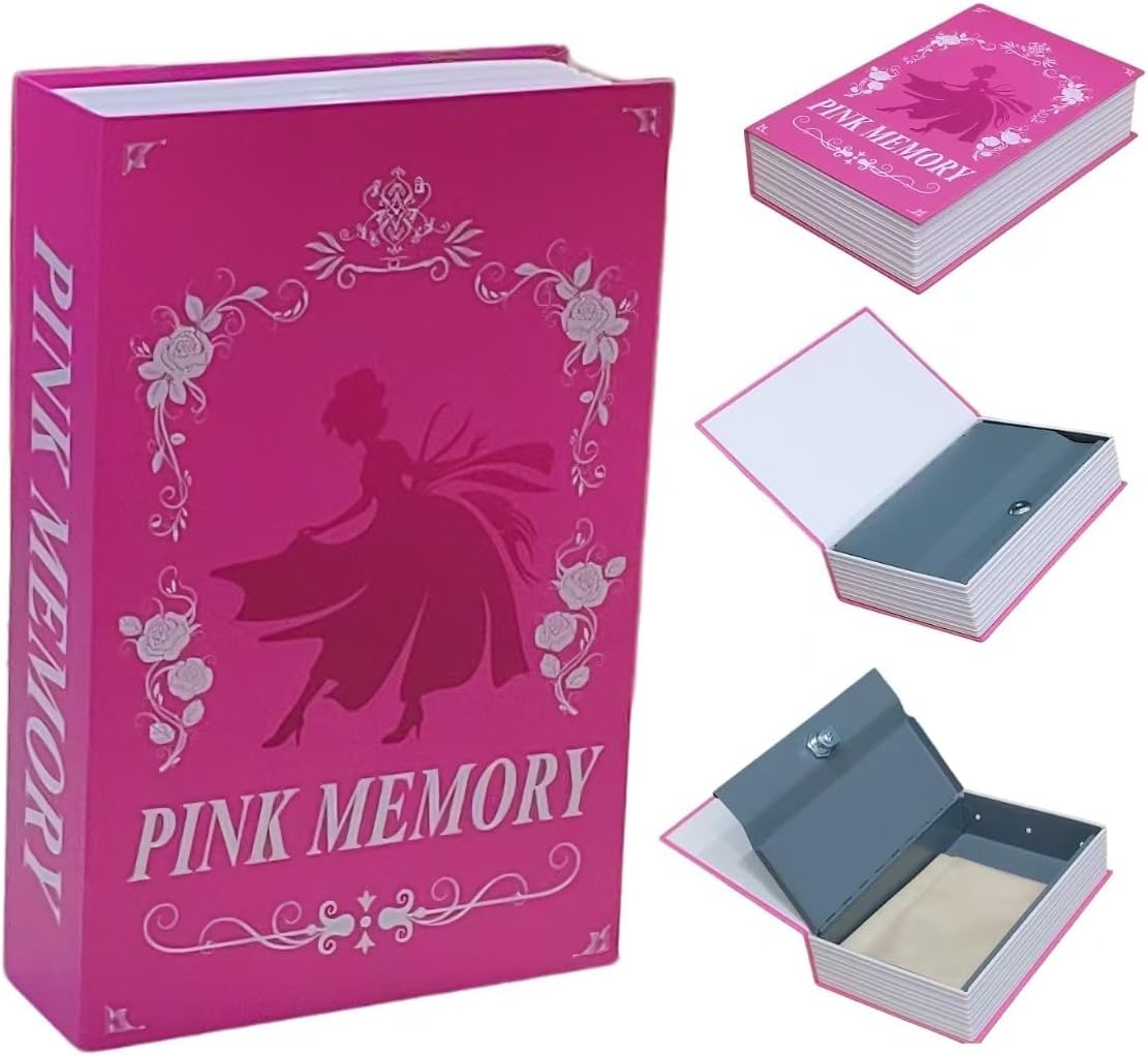 Book Safe Storage Box with Key Lock, Book Safe Lock Box,Fake Book Box with Waterproof Cosmetic Bag, Secret Compartment for Valuables,Hidden safes in Plain Sight(Pink Memory)