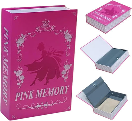 Book Safe Storage Box with Key Lock, Book Safe Lock Box,Fake Book Box with Waterproof Cosmetic Bag, Secret Compartment for Valuables,Hidden safes in Plain Sight(Pink Memory)