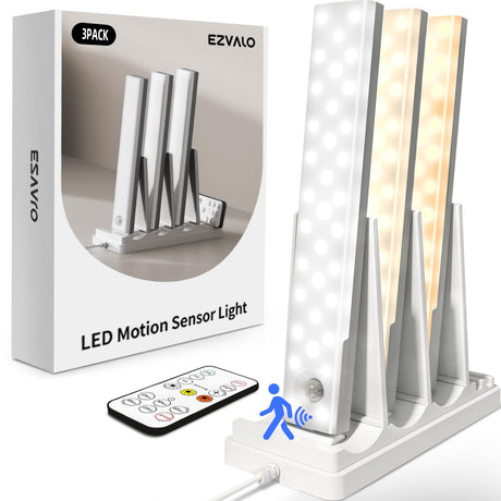 EZVALO 6-Pack Under Cabinet Lighting with Charging Station, Rechargeable Motion Sensor Lights, 3 Color Temps, Dimmable 62 LED Wireless Motion Activated Cabinet Lights with Remote for Kitchen,Pantry