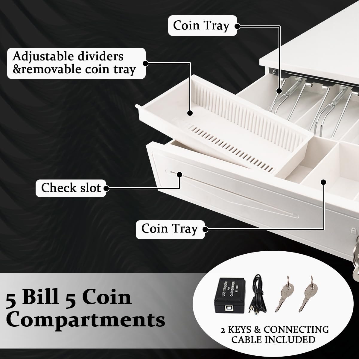 Cash Register Drawer 5 Grids, Cash POS Drawer with Micro Switch Auto Open Secure Money Cash Stand Removable 5 Bill 5 Coin Tray RJ11 Printer 3 Key-Locks for Business Shop Market 40x42x10cm