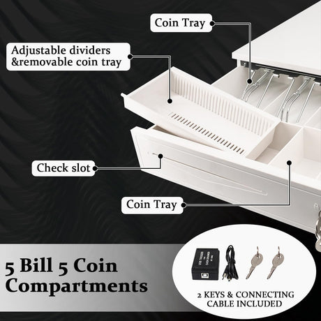 Cash Register Drawer 5 Grids, Cash POS Drawer with Micro Switch Auto Open Secure Money Cash Stand Removable 5 Bill 5 Coin Tray RJ11 Printer 3 Key-Locks for Business Shop Market 40x42x10cm