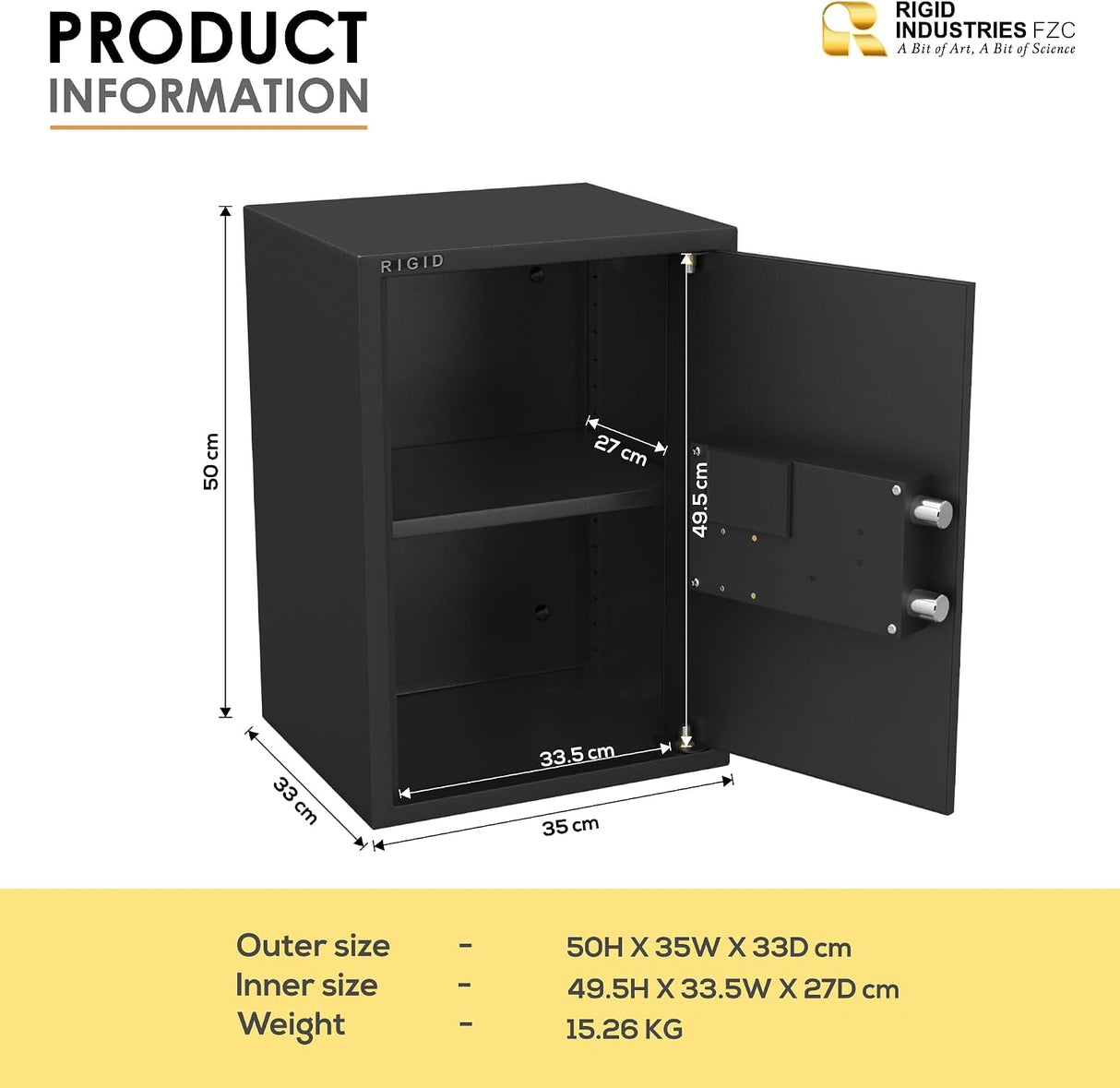 RIGID Hotel Safe Box | Tall Steel Strongbox with Digital Lock and Key | Heavy-Duty Safe for Office, Home, Business Use | Secure A4 Files, Jewelry, Cash (33D x 35W x 50H CM), Pre-Assembled