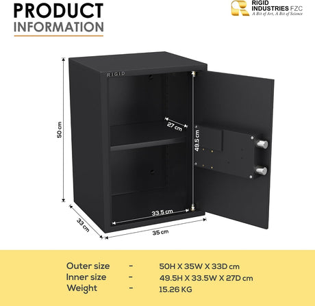 RIGID Hotel Safe Box | Tall Steel Strongbox with Digital Lock and Key | Heavy-Duty Safe for Office, Home, Business Use | Secure A4 Files, Jewelry, Cash (33D x 35W x 50H CM), Pre-Assembled