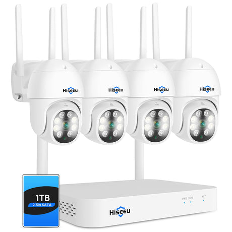 Hiseeu Solar Camera Outdoor, 4PCS 4MP Wireless Security Camera System with 10in LCD, 2-Way Audio, PT 360, Night Vision, Motion Detection, 10CH Expandable, 2.4G WiFi