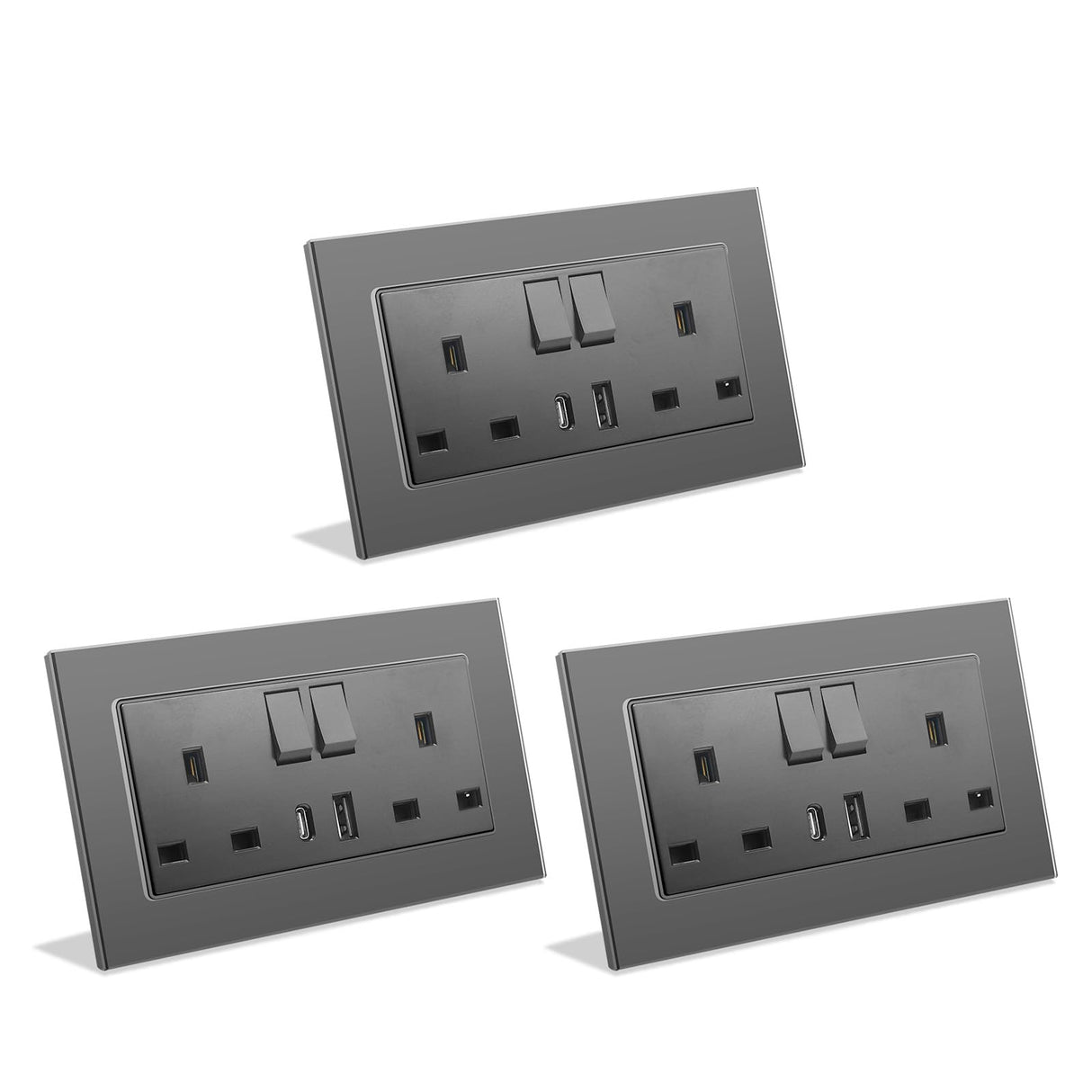 BSEED Double Switched Wall Socket 2 Gang Black with USB C & USB A Charging Ports, 13A Wall Electric Power Socket with Glass Panel