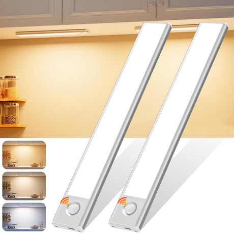 Under Cabinet Light, Necomi 2 Pack 3 Colors Motion Sensor Light 2500mAh Rechargeable Wireless Closet light,Dimmable Night Lights for Bedroom,Closet,Kitchen,Hallway, Cupboard Light,40CM