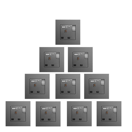 BSEED Double Switched Wall Socket 2 Gang Black with USB C & USB A Charging Ports, 13A Wall Electric Power Socket with Glass Panel