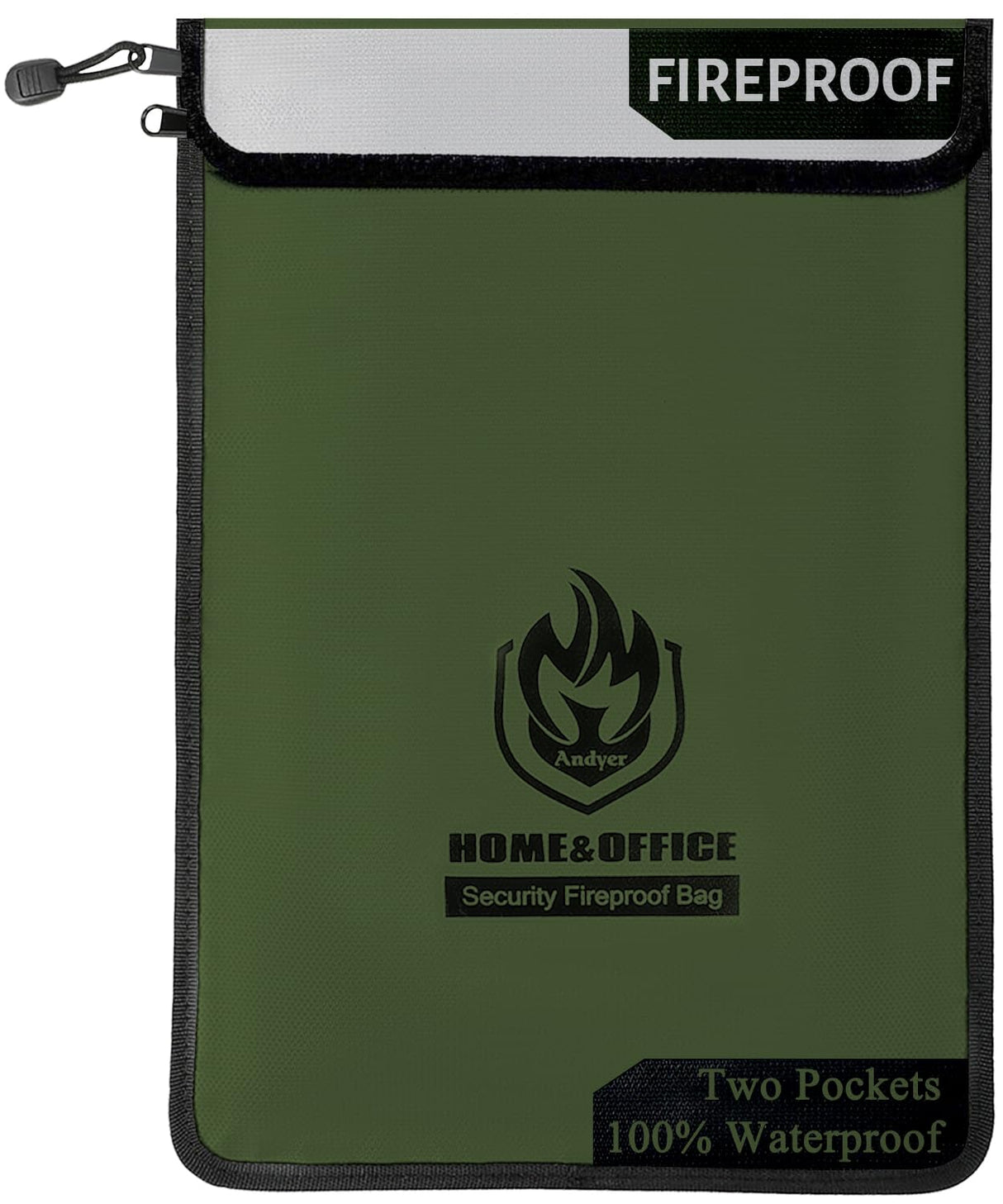 andyer Upgraded Two Pockets Fireproof Document Bag (2000℉), 15”x 11”Waterproof and Fireproof Money Bag with Zipper, Fire Safe Storage for Valuables,Money,Jewelry,Legal Documents,File and Tablet