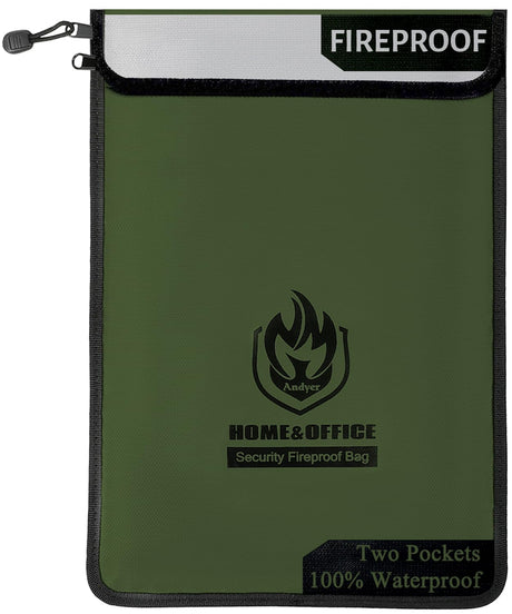 andyer Upgraded Two Pockets Fireproof Document Bag (2000℉), 15”x 11”Waterproof and Fireproof Money Bag with Zipper, Fire Safe Storage for Valuables,Money,Jewelry,Legal Documents,File and Tablet