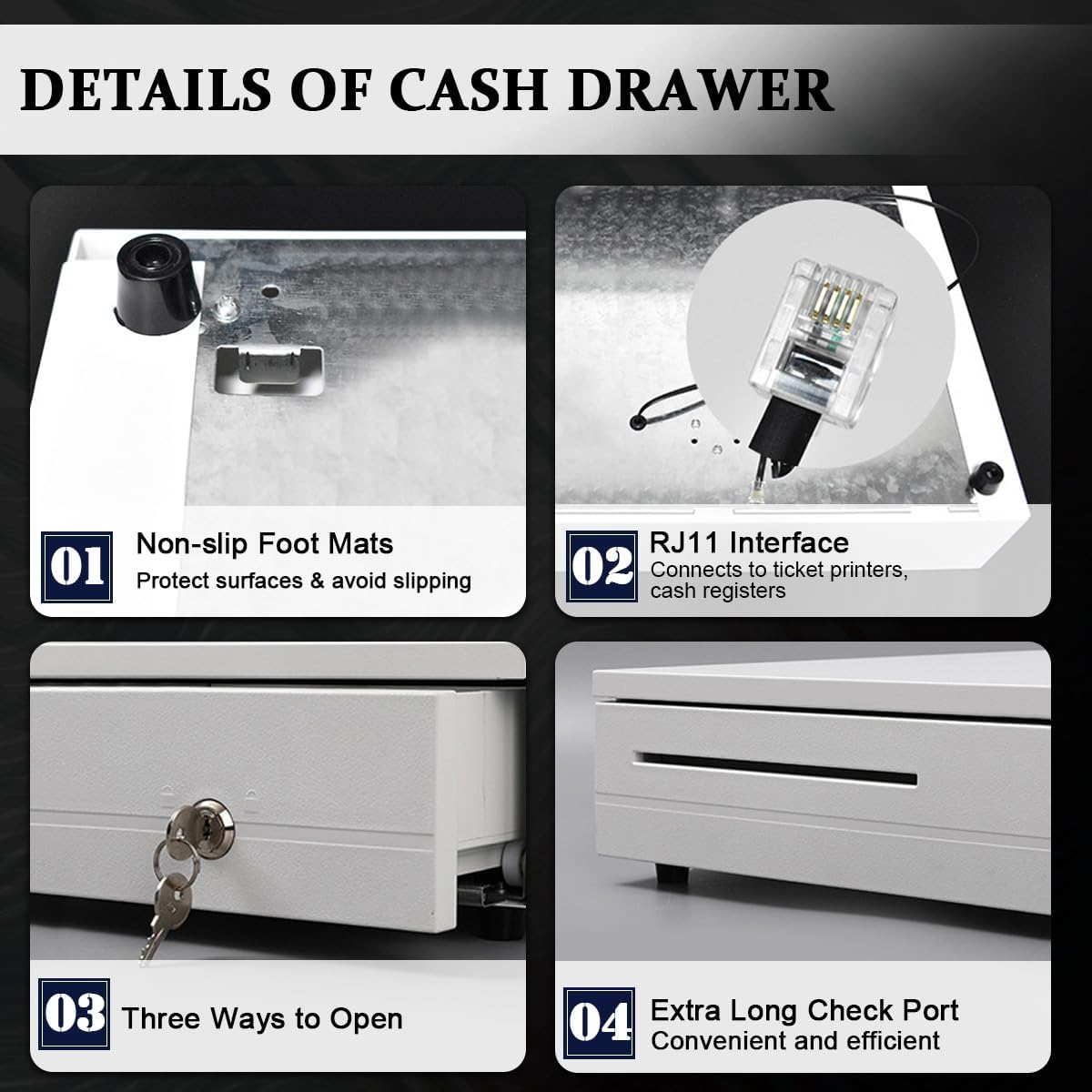 Cash Register Drawer 5 Grids, Cash POS Drawer with Micro Switch Auto Open Secure Money Cash Stand Removable 5 Bill 5 Coin Tray RJ11 Printer 3 Key-Locks for Business Shop Market 40x42x10cm